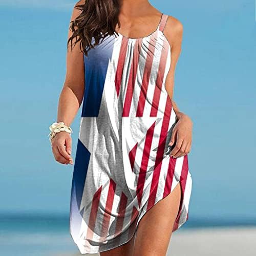 Július 4-én Ruhák Női Nyári Beach Alkalmi Bohém Ruha Amerikai Zászló Ujjatlan Scoop Nyak Flowy Mini nyári