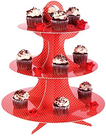 3 Tier Karton Cupcake Stand - Piros, Fehér Pöttyös - Cupcake Jogosultja - Cukrász Kijelző - 13 1/2 × 13
