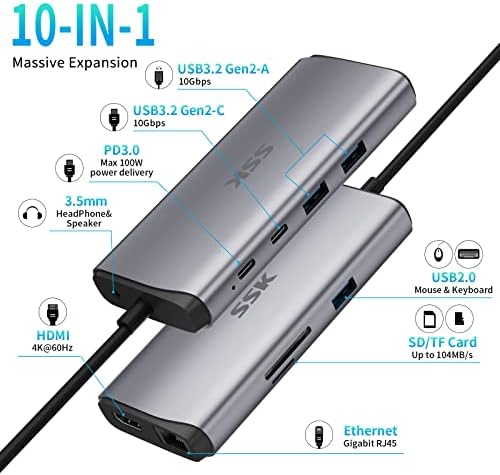 SSK USB-C Hub Dokkoló Állomás,10 az 1-ben Típus C Splitter Többportos Adapter 4K/60Hz HDMI,Laptop Thunderbolt