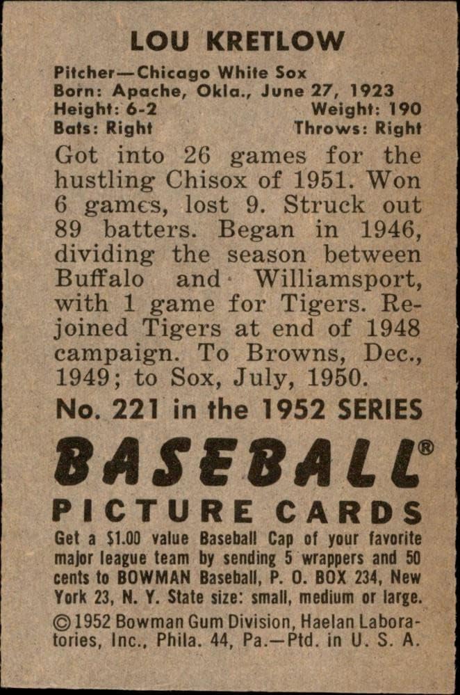 1952 Bowman 221 Lou Kretlow Chicago White Sox (Baseball Kártya) EX White Sox