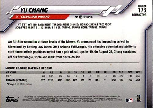 2020 Topps Chrome Refraktor 173 Yu Chang RC Újonc Cleveland indians MLB Baseball Trading Card