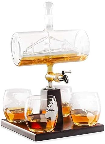 Whiskys Üveget Szett 4 Szemüveg & Tölgyfa Állni, Egyedi Ital Adagoló,Rum&Alkohol Alkohol Hordókkal
