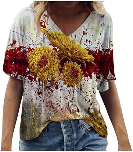 Pólók Női Akvarell Virág Nyomtatott Nyári Póló V-Nyakú, Rövid Ujjú Alkalmi Laza Fit Blúz 2023 Divat Tunika