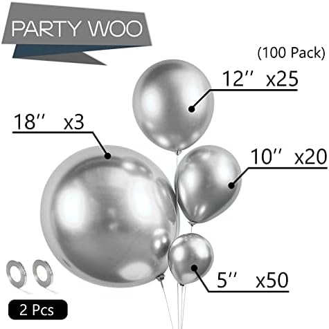 PartyWoo Metál Ezüst Lufi, 100 db Ezüst Metál Lufi Különböző Méretű Csomag 18 Inch 12 Inch 10 Hüvelykes