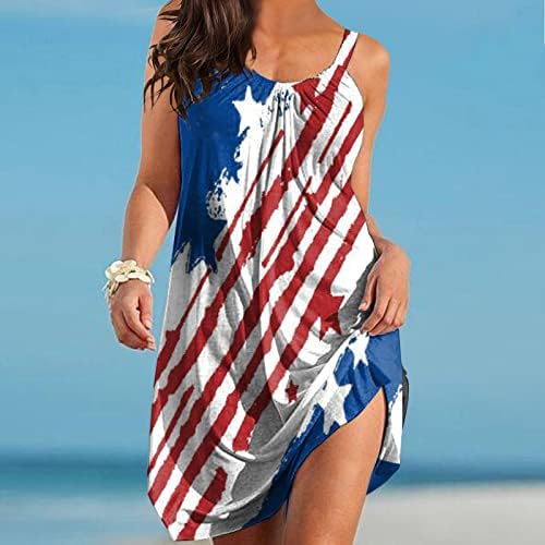 Július 4-én Ruhák Női Nyári Beach Alkalmi Bohém Ruha Amerikai Zászló Ujjatlan Scoop Nyak Flowy Mini nyári