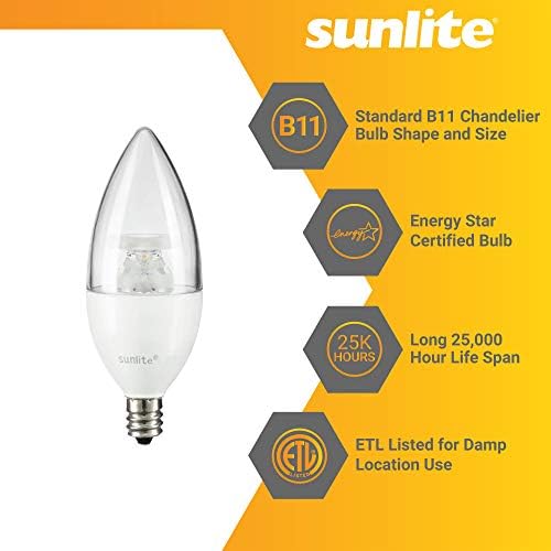 Sunlite 40307-SU LED B11 Torpedó Tipp Csillár Izzó, 4.5 Watt (40W Egyenértékű), 27K - Meleg Fehér, Szabályozható,