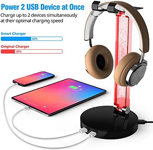 MOCREO RGB Fejhallgató Állvány, 2 USB Töltő Port, Íróasztal Gaming Headset Állni Alufelni Forgó Csapágyak,