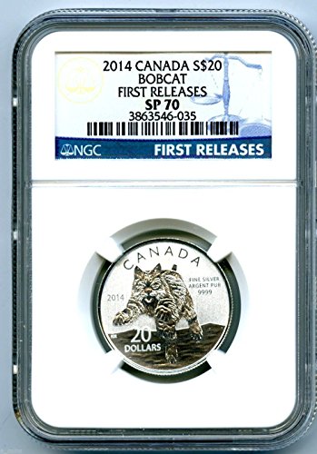 2014 $20 Kanada Ezüst Hiúz Lynx ELSŐ KIADÁSOK Kék Címke 1/4 Uncia $20 SP70 NGC