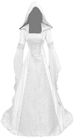 ZEFOTIM Halloween Dress Nők Vintage Kapucnis Boszorkány Álcázó Ruha Trombita Ujja Középkori Esküvői Ruha
