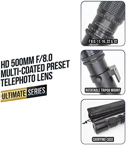 Ultimaxx 500mm (w/ 2x Átalakító 1000mm) Kézi Tárolt Lencse Készlet Nikon D7500, D600, D610, D700, D750,